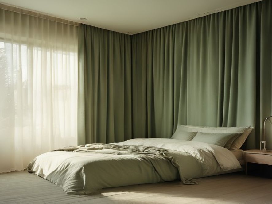 Minimalist darkened bedroom with clean lines and neutral tones