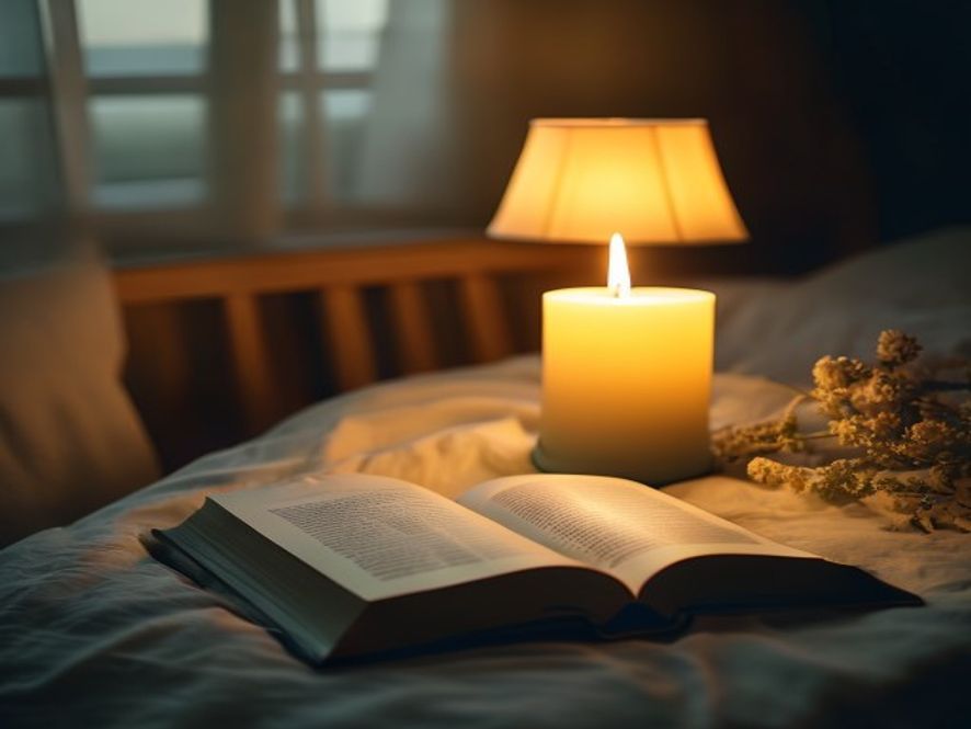 Calm bedroom with warm lamp light and open book on bedside table
