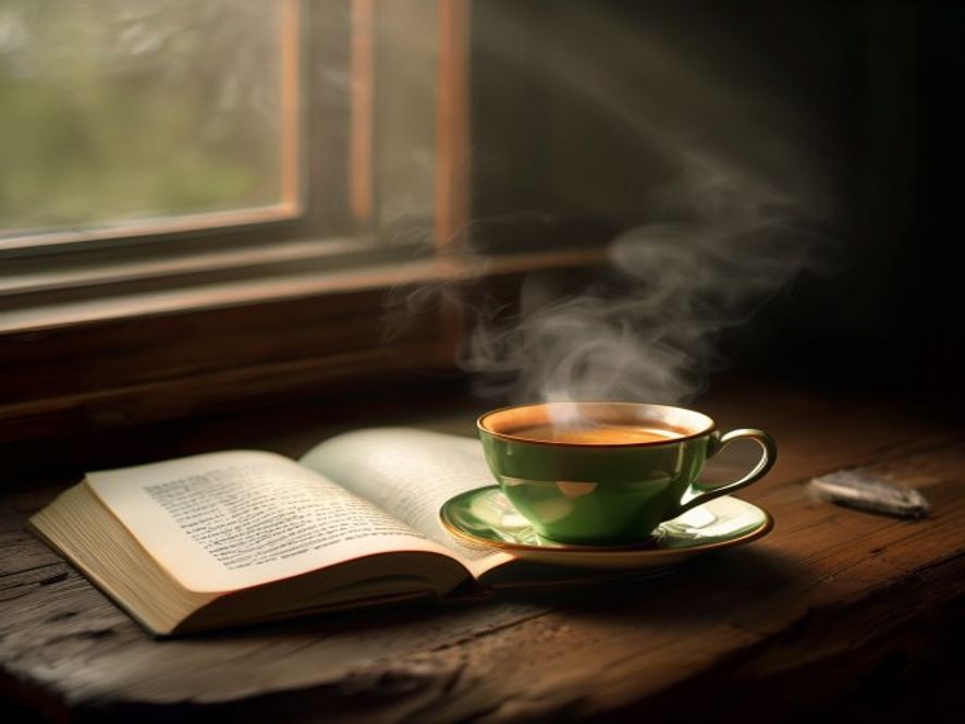 Warm cup of herbal tea on wooden table with open book and soft lighting